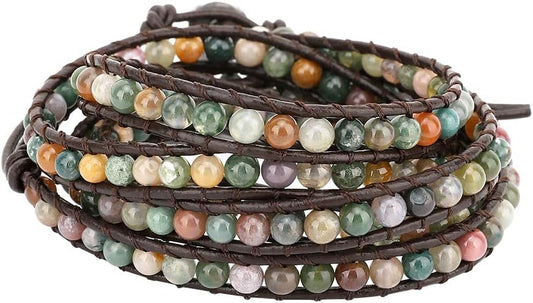 Emibele Layered Leather Bracelet, Rivet Leopard Print Bohemian Style Multilayer Wrap Bracelet, Handmade Agate Amethyst Chakra Crystal Glass Beaded Shell Bracelet for Women