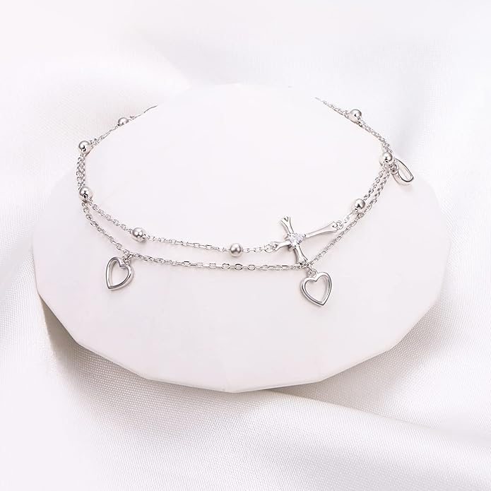 FLYOW Anklet for Women S925 Sterling Silver Adjustable Foot Beaded Heart Charm Ankle Bracelet Anklets Jewelry