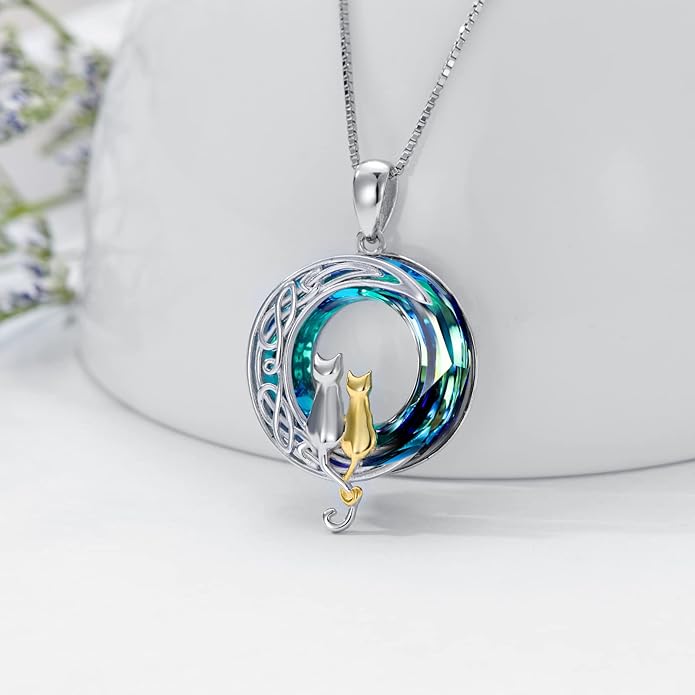 TOUPOP Christmas Cat Gifts for Cats Lovers One Two Three Four Cats Necklace Sterling Silver Cats on the Moon Pendant Necklace with Blue Circle Crystal Birthday Christmas Celtic Jewelry Gifts for Women
