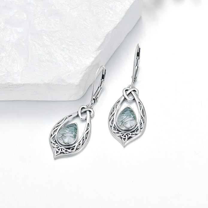 Celtic Knot Dangle Earrings 925 Sterling Silver Oxidized Vintage Drop Leverback Earrings with 8 * 6mm Simulated Birthstone Crystal Christmas Jewelry Gifts for Women (Gift Box)
