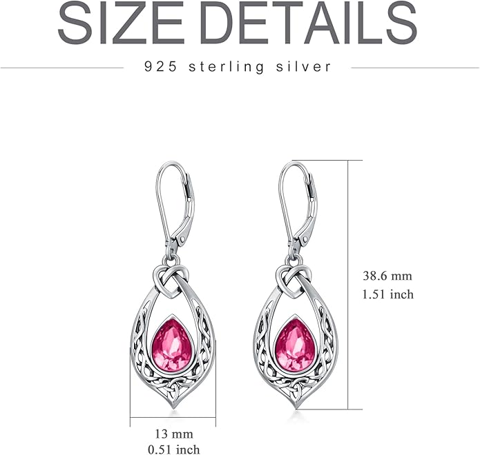 Celtic Knot Dangle Earrings 925 Sterling Silver Oxidized Vintage Drop Leverback Earrings with 8 * 6mm Simulated Birthstone Crystal Christmas Jewelry Gifts for Women (Gift Box)