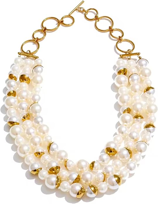 Layered Pearl Statement Necklace for Women, Chunky Multi Strand Imitation Pearl Choker Collar Necklace with Gold Accents, Vintage Gatsby Jewelry for Wedding Party Evening Cocktail Prom