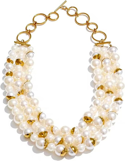 Layered Pearl Statement Necklace for Women, Chunky Multi Strand Imitation Pearl Choker Collar Necklace with Gold Accents, Vintage Gatsby Jewelry for Wedding Party Evening Cocktail Prom