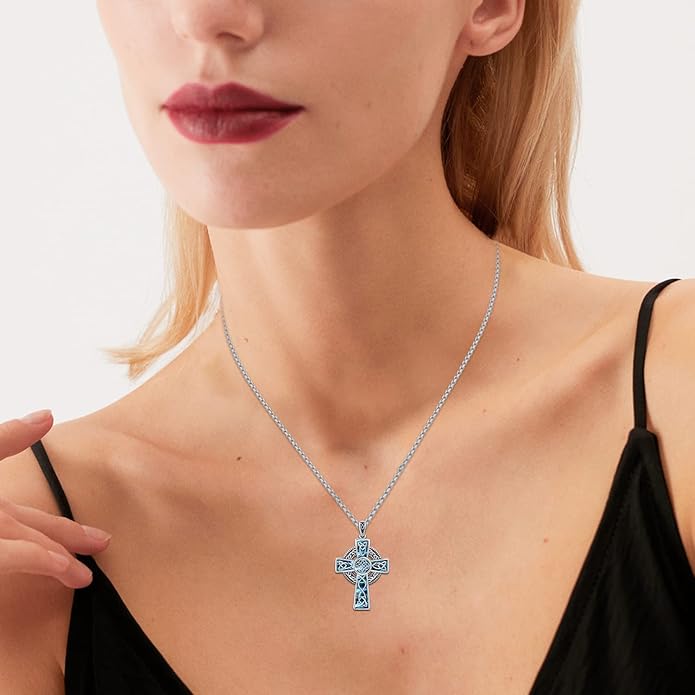 Midir&Etain Celtic Cross Necklace 925 Sterling Silver Cross Pendant Necklace Celtic Viking Irish Jewelry Religious Protective Gift for Men Women