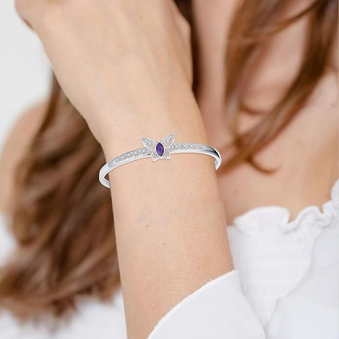 Butterfly Filigree Cuff Bracelet with CZ, 925 Sterling Silver Adjustable Natural Gemstone Bangle, Vintage Boho Jewelry Gift for Her