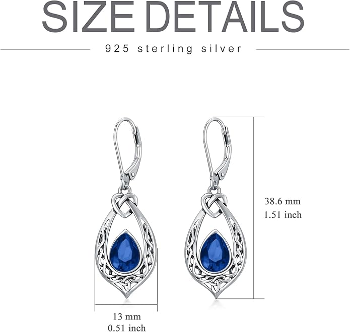 Celtic Knot Dangle Earrings 925 Sterling Silver Oxidized Vintage Drop Leverback Earrings with 8 * 6mm Simulated Birthstone Crystal Christmas Jewelry Gifts for Women (Gift Box)