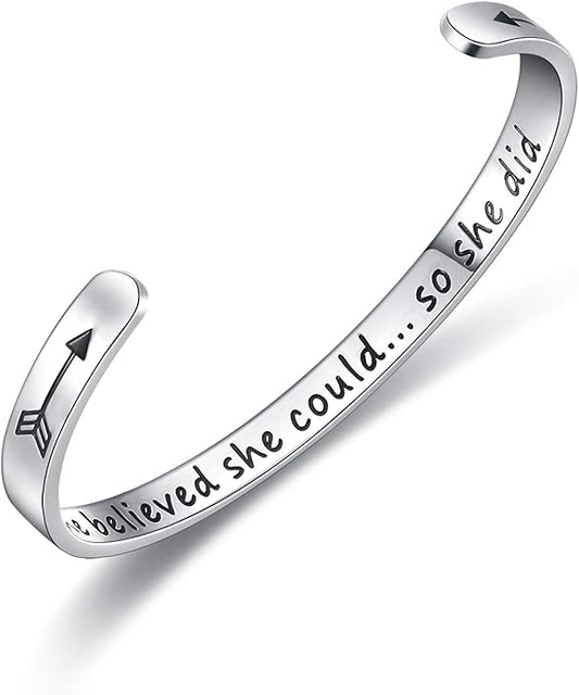TONY & SANDY Inspirational Bracelets for Women Teen Girls Personalized Gifts for Daughter Granddaughter Mom Sister Friends Stainless Steel Engraved Cuff Birthday Easter Christmas