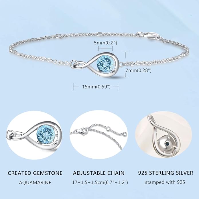 FANCIME Love Bracelet 925 Sterling Silver Infinity Birthstone Bracelets for Women Fine Jewelry Birthday Christmas Gifts for Her Mom Wife, Chain Length 6.7"+1.2" Extend
