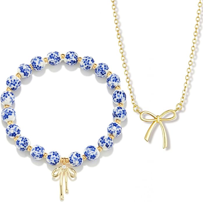 Qiuseadu Bow Bracelet Necklace Set 14K Gold Beaded Bracelet Dainty Bow Pendant Choker Jewelry Gift Set