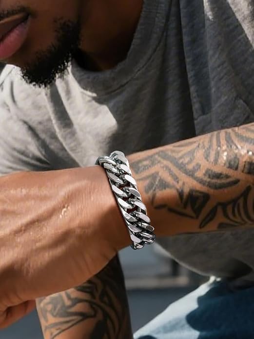 Richsteel Cuban Link Chain Bracelets 8/12/17mm Width Stainless Steel Chain Wrist Bracelets for Men, 7.4/8.2/9 Inch Length Classic Jewelry for Christmas/Valentine's Day/Birthday