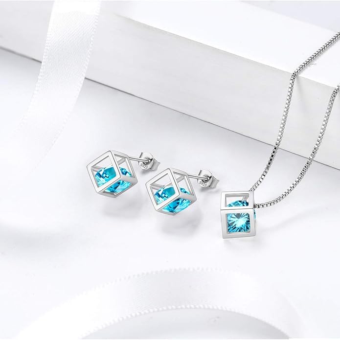 Aurora Tears Birthstone Necklace/Earring 925 Sterling Silver Women Cross/3D Cube/Cresent Moon Birth Stone Jewelry Mens Birthday Gift Anniversary Present