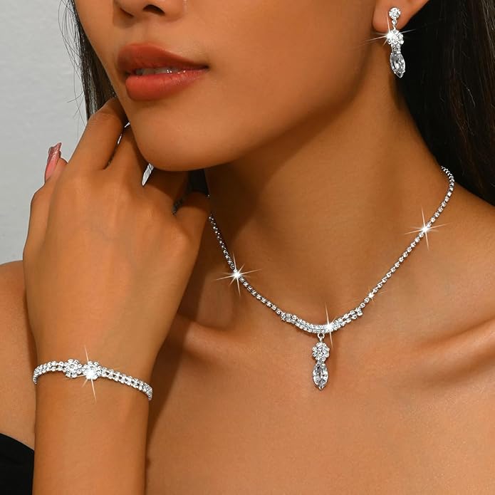 MIFYNN Rhinestone Wedding Set for Women Sparkle Crystal Earrings Necklace Bracelet Jewelry Set Wedding Party Prom Jewelry Set for Brides Bridesmaid