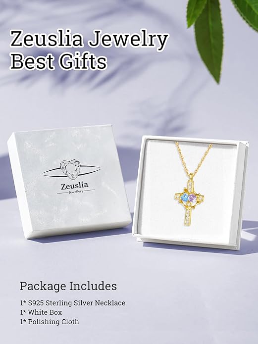 Zeuslia Double Birthstone Necklace Gifts for Wife - 925 Sterling Silver Sunflower/Rose/Crown Cross/Compass/Heart Pendant I Love You Necklace, Anniversary Birthday Gifts for Wife Girlfriend Mom Her