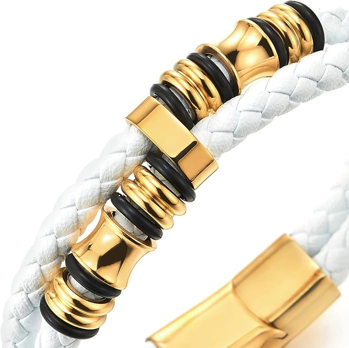 COOLSTEELANDBEYOND Mens Double-Row Braided Leather Bracelet Bangle Wristband with Stainless Steel Ornaments