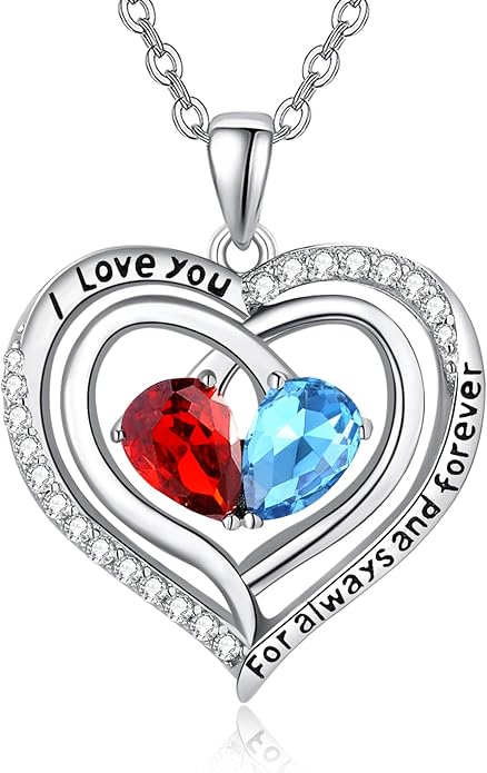 Zeuslia Double Birthstone Necklace Gifts for Wife - 925 Sterling Silver Sunflower/Rose/Crown Cross/Compass/Heart Pendant I Love You Necklace, Anniversary Birthday Gifts for Wife Girlfriend Mom Her