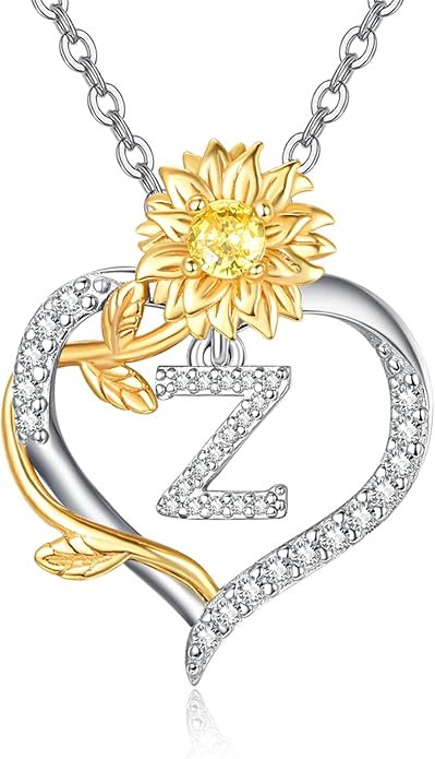 AENEAS Sunflower Initial Necklace for Women Gold Plated Sterling Silver Letter Heart Pendant Jewelry Gift for Mom Wife Birthday Anniversary Christmas