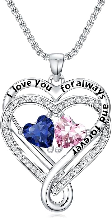 I Love You for Awlays and Forever Double Heart Necklace with Birthstone, 2 Birth Stone Jewelry Anniversary Valentines Mothers Day Christmas Birthday Gifts for Women Her Wife Girlfriend Mom Mother