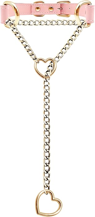 Black Leather Choker Collar For Women, Handmade Heart Slip Chain Choker Long Necklace with Adjustable Buckle