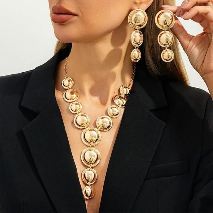 Exaggerated Chunky Gold Choker Long Y Necklace Round Drop Earring Set for Women Unique Big Geometry Silver Necklaces Large Dangly Earring Jewelry Gift