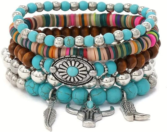 ONLYJUMP Bohemian Mix Bead Multi Layer Versatile Bracelets Set Boho Turquoise Stackable Beaded Strand Stretch Bangles Bracelets Statement Bangle Boho Jewelry Set