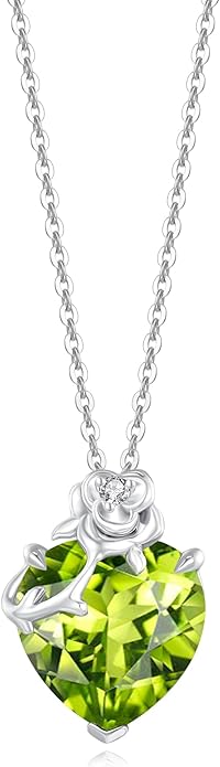 FANCIME 14K Solid White Gold Rose Pendant with Sterling Silver Chain Heart Birthstone Gemstone Fine Jewelry Christmas Gifts for Women Her