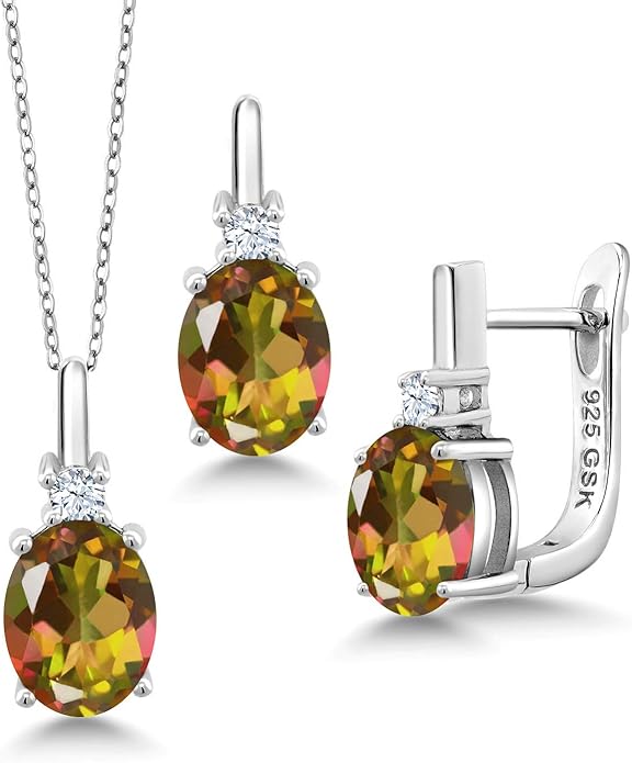 Gemstone Birthstone and White Created Sapphire Pendant and Earrings Jewelry Set for Women in 925 Sterling Silver | Oval 8X6MM and Round 2.5MM | With 18 Inch Chain | Fine Jewelry for Her Mom Women Wife