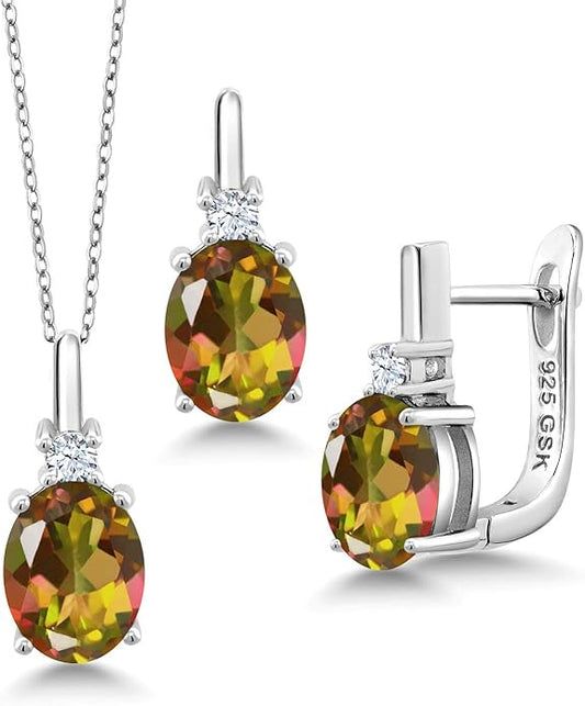 Gemstone Birthstone and White Created Sapphire Pendant and Earrings Jewelry Set for Women in 925 Sterling Silver | Oval 8X6MM and Round 2.5MM | With 18 Inch Chain | Fine Jewelry for Her Mom Women Wife