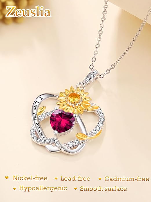 Zeuslia Double Birthstone Necklace Gifts for Wife - 925 Sterling Silver Sunflower/Rose/Crown Cross/Compass/Heart Pendant I Love You Necklace, Anniversary Birthday Gifts for Wife Girlfriend Mom Her