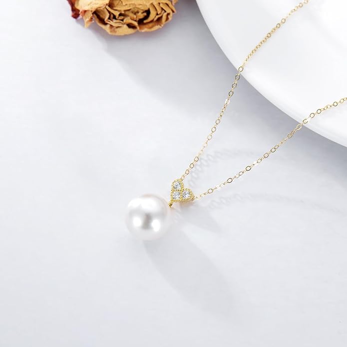 14K Solid Gold Pearl Necklace for Women Real Gold Bow/Heart/Dolphin Pearl Necklace Solitaire Freshwater Cultured Pearls Pendant Jewelry Valentine's Mothers Anniversary Birthday Gifts for Mom Grandma Girlfriend Sister Mom