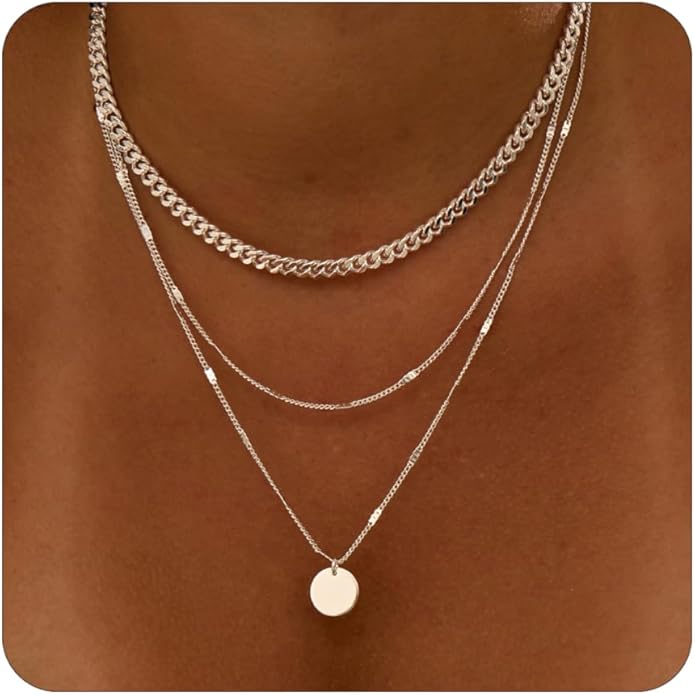 Layered Silver Necklace for Women Trendy Silver Plated Dainty Stackable Necklace Set Cuban Paperclip Herringbone Link Chain Coin/Cross/diamond/Mobius Pendant Necklaces Fashion Accessories Jewelry Gift
