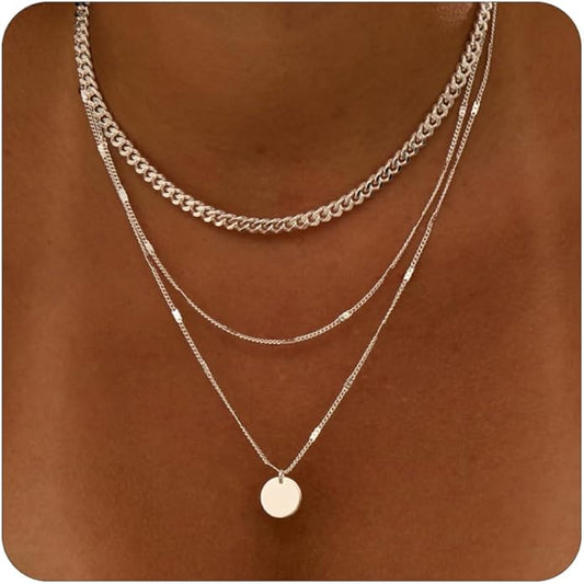 Layered Silver Necklace for Women Trendy Silver Plated Dainty Stackable Necklace Set Cuban Paperclip Herringbone Link Chain Coin/Cross/diamond/Mobius Pendant Necklaces Fashion Accessories Jewelry Gift