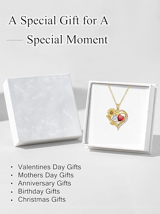 Sunflower Heart Necklace for Women 14K Gold Exquisite Anniversary Birthday Gifts for Wife Mother Her Double Birthstone Pendant jewelry‘You Are My Sunshine’
