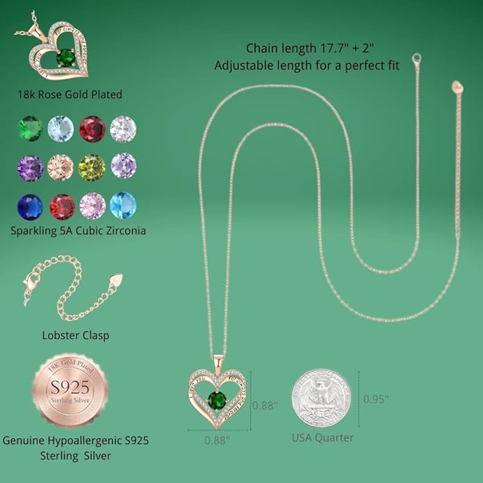 Birthstone Heart Necklace for Women Wife Girlfriend Mom Daughter Gifts S925 Silver Jewelry For Anniversary Rose Gold Gifts For Birthday Christmas Mothers Valentines Day
