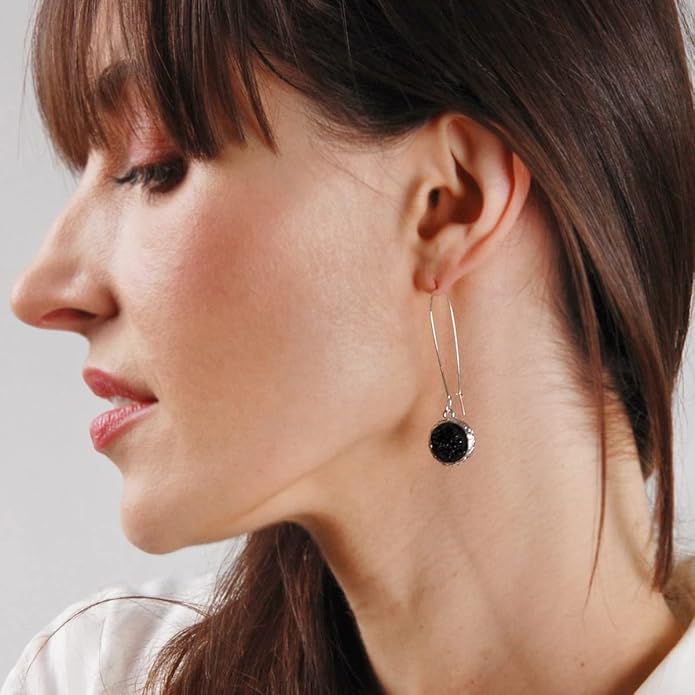 Simulated Druzy Threader Drop Earrings for Women - Gold, Silver, or Rose Gold Tone Trendy Boho Dangles with Sparkly Round Stone