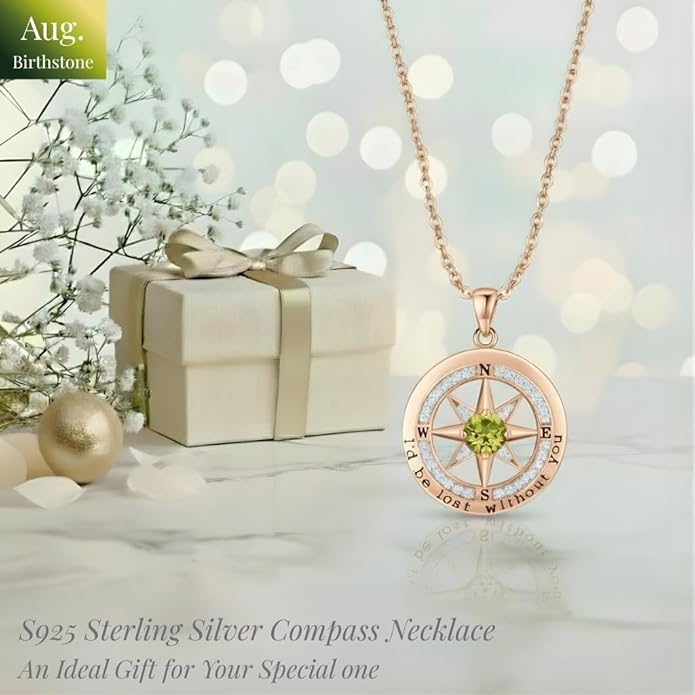 Compass Necklace for Women Wife Girlfriend Mom Daughter Gifts S925 Silver Jewelry For Anniversary Rose Gold Gifts For Birthday Christmas Mothers Valentines Day 12 Birthstones