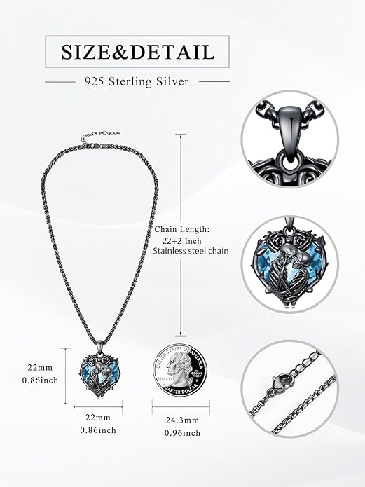 Flpruy 925 Sterling Silver Black Gothic Jewelry Gifts Skeleton Couple Pendant Crystal Birthstone Heart Necklace Punk Romantic Jewelry for Lover Men Women