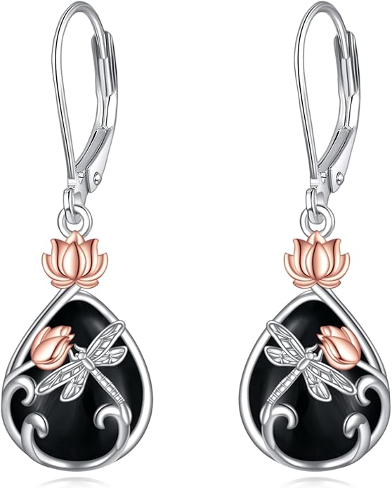AOBOCO Butterfly/Dragonfly/Bee/Ladybug Leverback Earrings 925 Sterling Silver Rose Lotus Tulip Flower Filigree Dangle Earrings Teardrop Moonstone Larimar Turquoise Abalone Shell Jewelry Birthday Gifts for Women