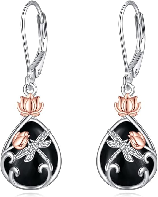 AOBOCO Butterfly/Dragonfly/Bee/Ladybug Leverback Earrings 925 Sterling Silver Rose Lotus Tulip Flower Filigree Dangle Earrings Teardrop Moonstone Larimar Turquoise Abalone Shell Jewelry Birthday Gifts for Women