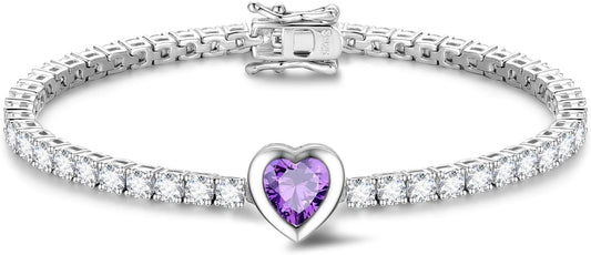 FANCIME 7mm Heart Birthstone Tennis Bracelet for Women Fine Jewelry Wedding Bridal Prom Birthday Gift for Women Her, Length 7 Inch