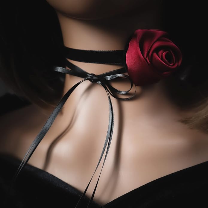 Black Choker Camellia Flower Lace-up Necklace For Women