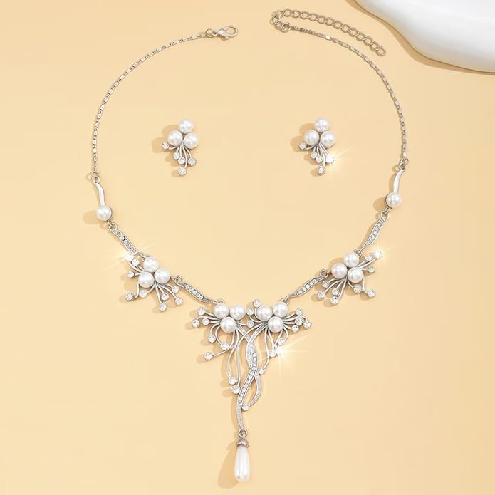 la luen Pearl Bride Wedding Jewelry Set Faux Pearls Crystal Rhinestone Necklace Earrings Bracelet Sets for Women Bridesmaid(3 PCS)