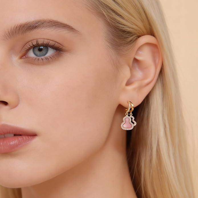 18K Gold Plated Small Dangle Earrings for Women Pink Mother of Pearl Double Hoops Hypoallergenic Sterling Silver Lightweight drop Earrings