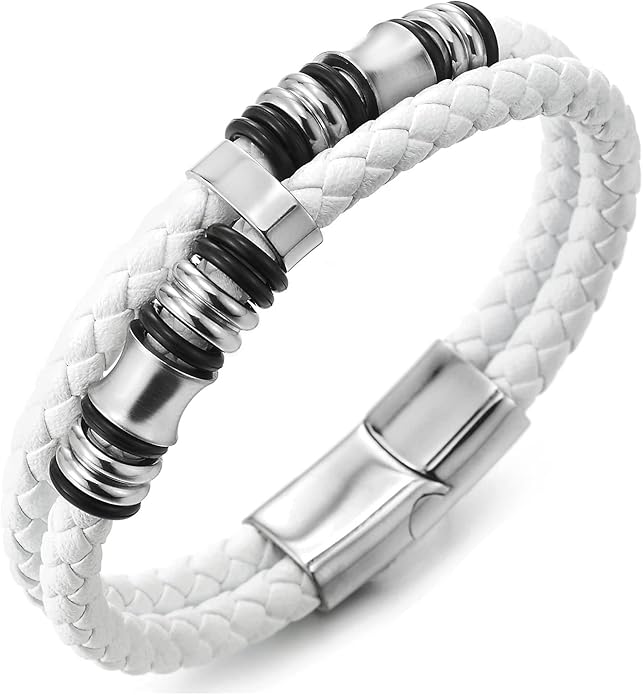COOLSTEELANDBEYOND Mens Double-Row Braided Leather Bracelet Bangle Wristband with Stainless Steel Ornaments