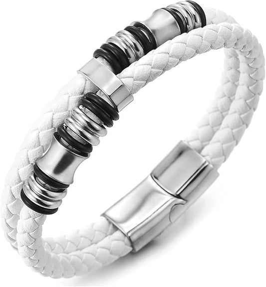 COOLSTEELANDBEYOND Mens Double-Row Braided Leather Bracelet Bangle Wristband with Stainless Steel Ornaments