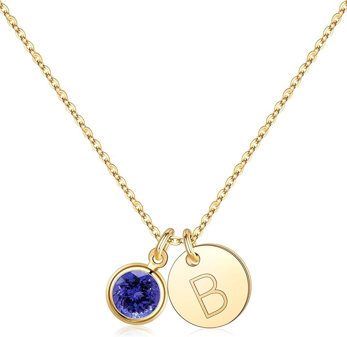 Hidepoo Initial Birthstone Necklace for Girl Women - 14K Gold Plated Disc Letter Necklace Personalized Gifts Jewelry Birthstone Initial Necklaces Birthday Gift for Female Teens Mom