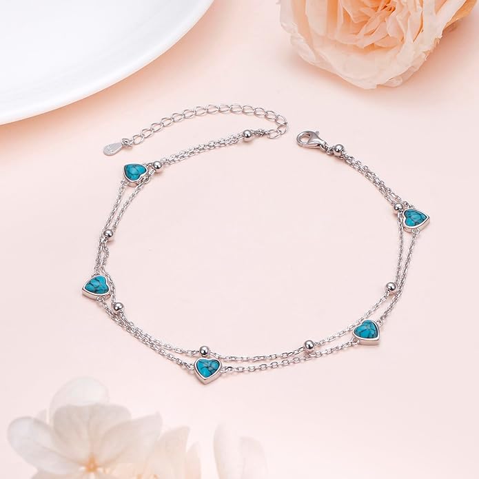 FLYOW Anklet for Women S925 Sterling Silver Adjustable Foot Beaded Heart Charm Ankle Bracelet Anklets Jewelry