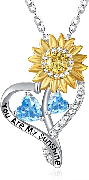Zeuslia Double Birthstone Necklace Gifts for Wife - 925 Sterling Silver Sunflower/Rose/Crown Cross/Compass/Heart Pendant I Love You Necklace, Anniversary Birthday Gifts for Wife Girlfriend Mom Her