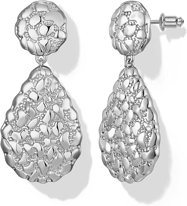 Hefanny Large Hammered Teardrop Dangle Earrings Geometric Chunky Flower Earrings Women's Trendy Statement Jewelry Multiple Styles