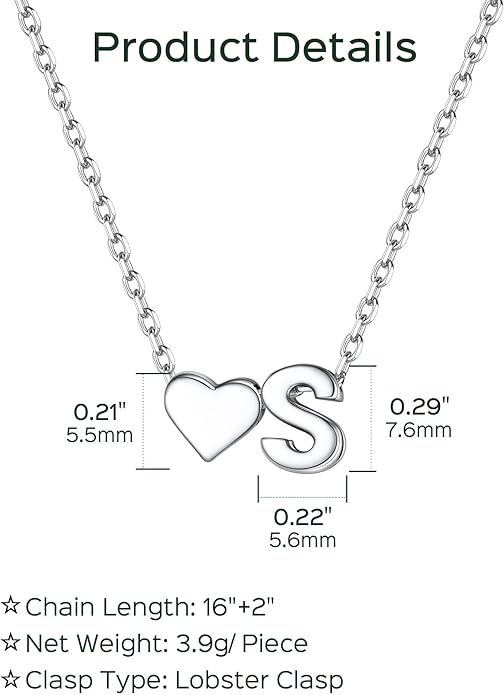 ChicSilver 925 Sterling Silver Heart Initial Necklaces for Women -Dainty Personalized Heart Pendant Letter Alphabet Necklace for Women