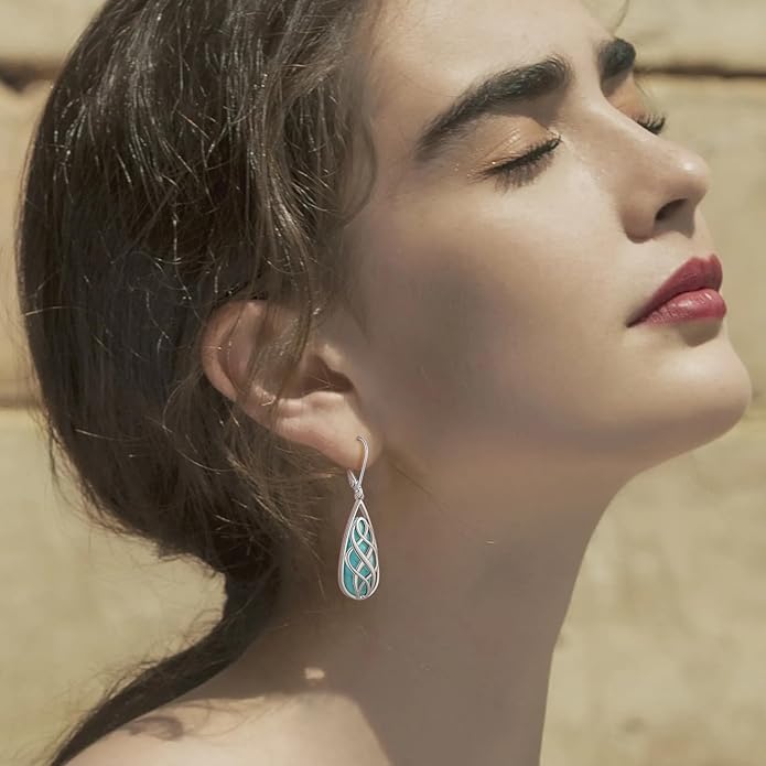 Turquoise Earrings for Women, Turquoise Jewelry for Women S925 Sterling Silver Dangle Teardrop Earrings Celtic Design, Boho Jewelry Gift for Friend Lover Mother